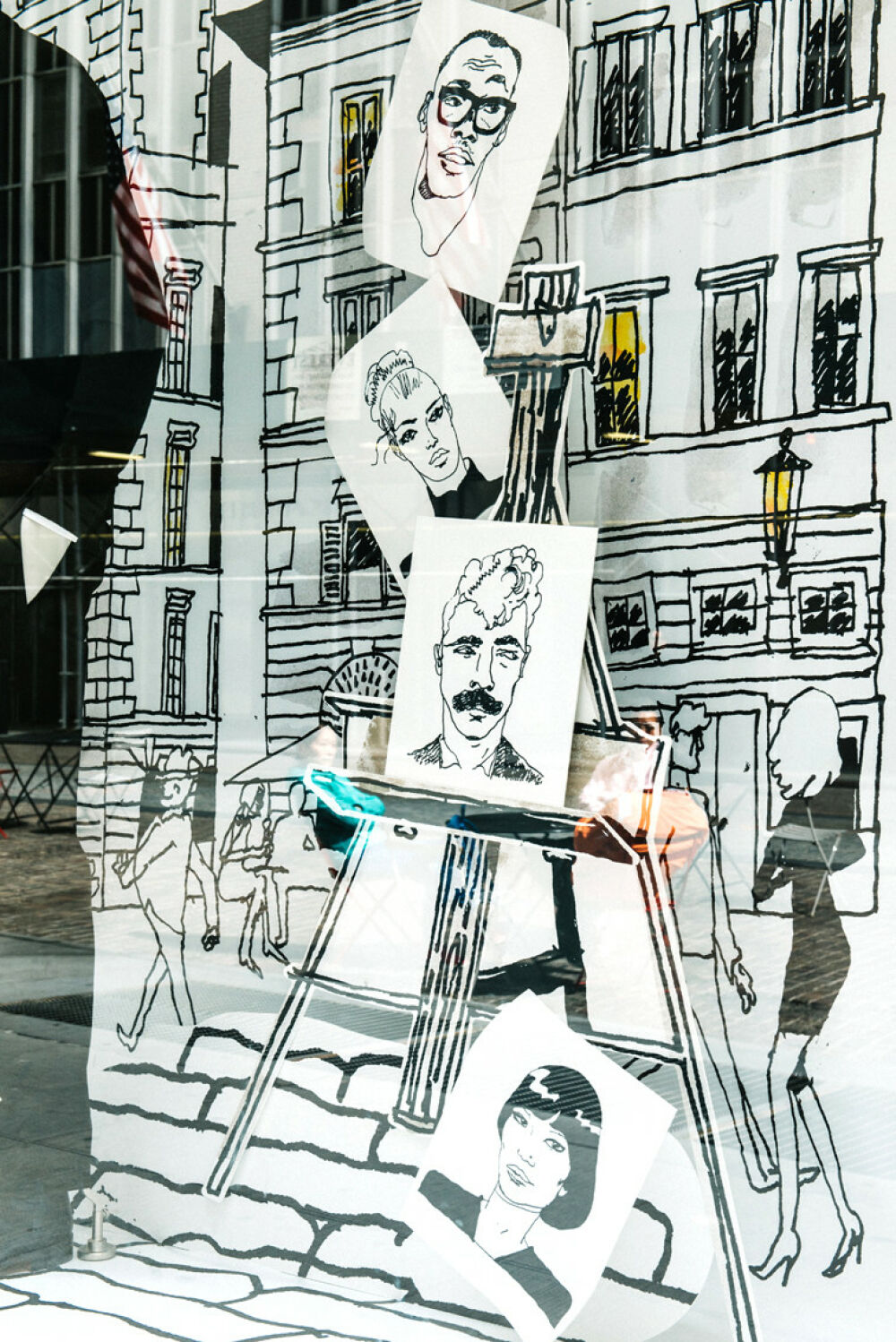Illustrated shop window campaign for Hermès by Dennis Eriksson