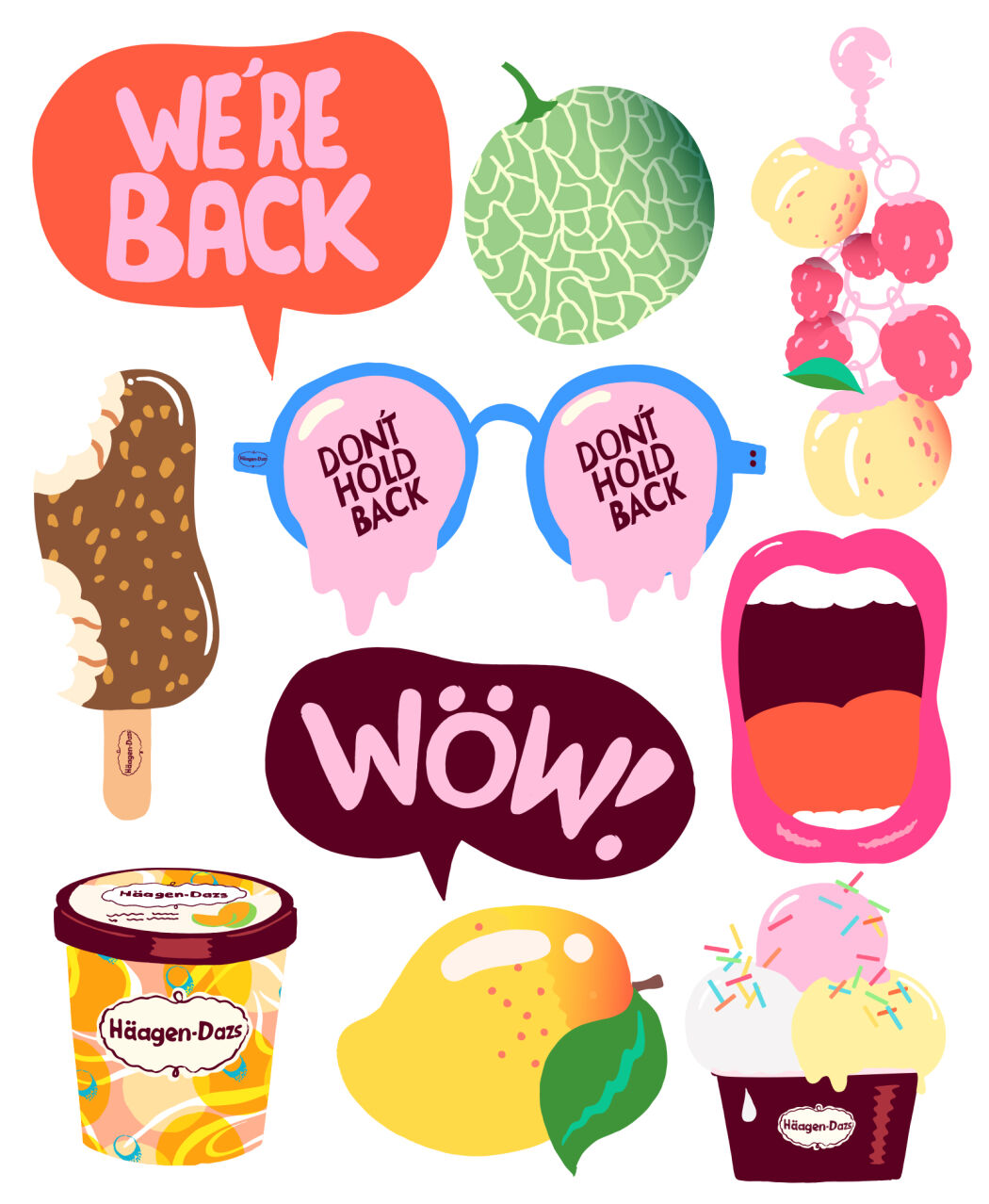 Branding and packaging illustrations by Erica Jacobson for Häagen-Dazs advertising campaign.