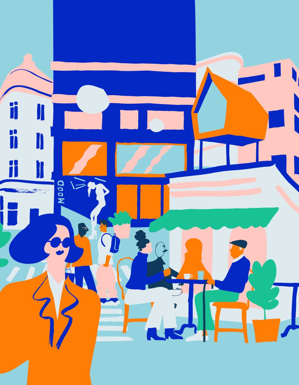 Colorful illustration featuring people in the city by Erica Jacobson