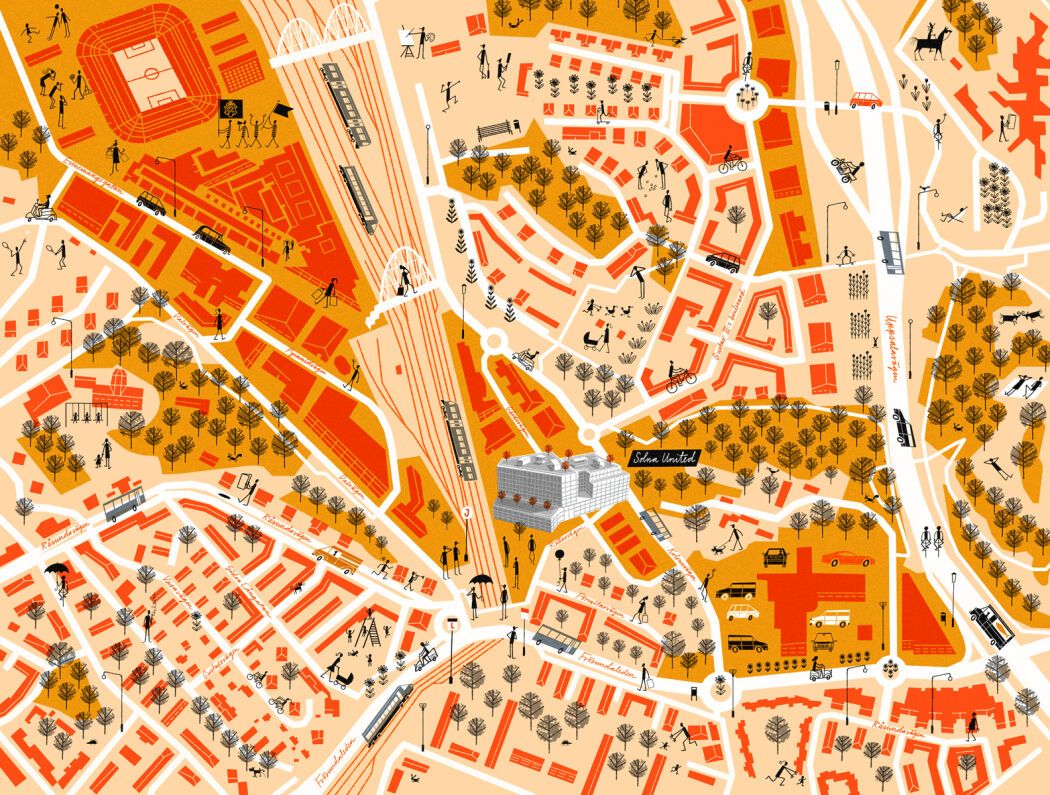Illustrated complex map by illustrator Klas Fahlén