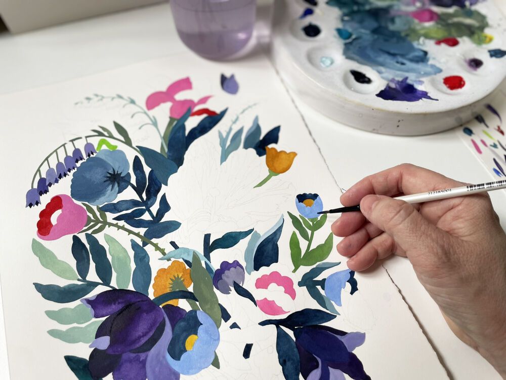 Process image of Malin Gyllensvaan's botanical artwork, handpainted.