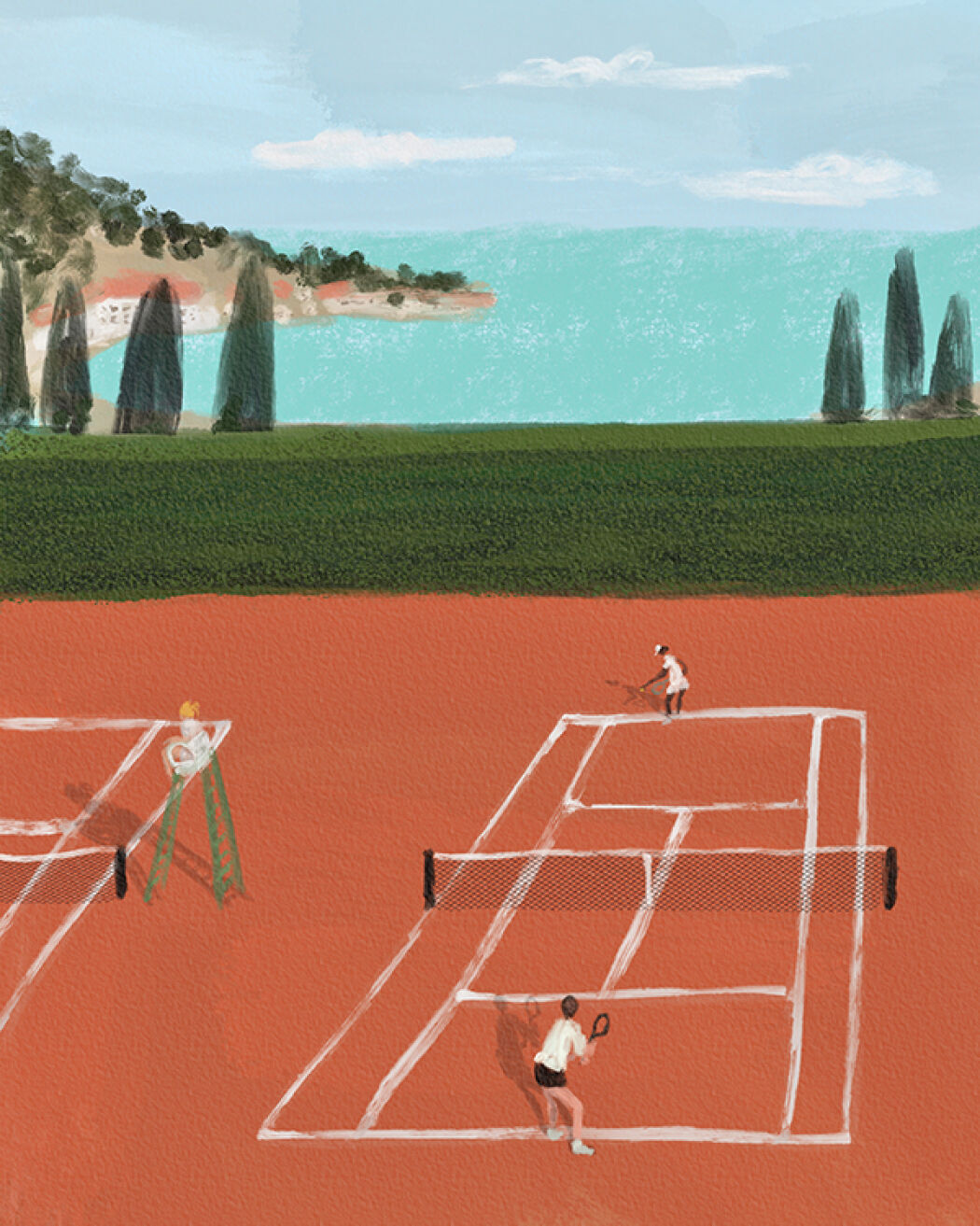 Tennis illustration, painterly and graphic drawing style, by Christina Gliha