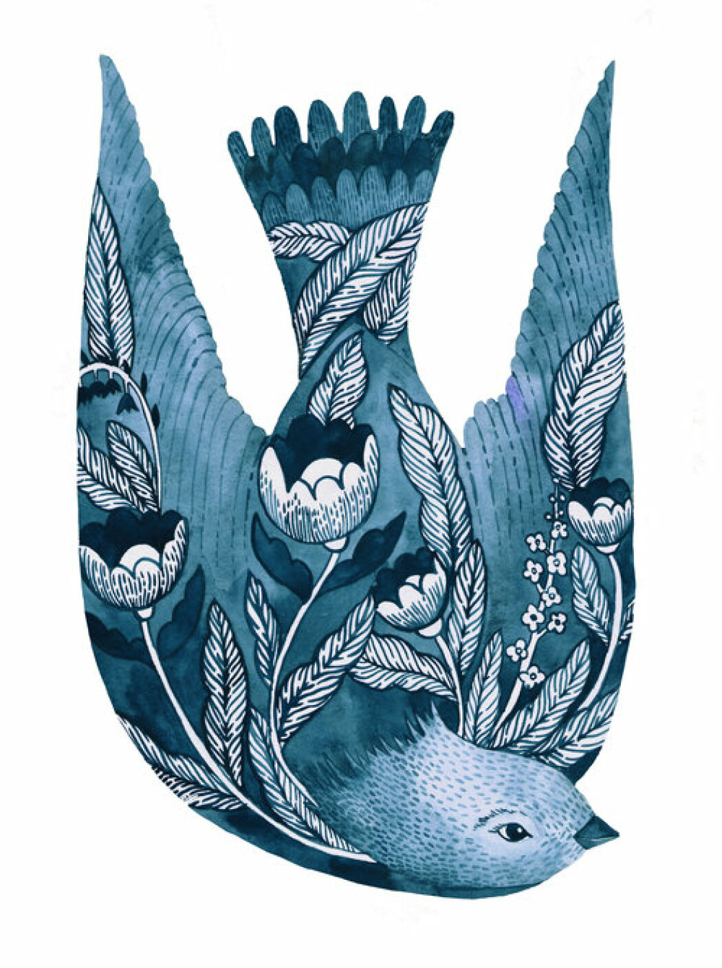 Handpainted blue bird with Flower details illustrated and painted by Malin Gyllensvaan