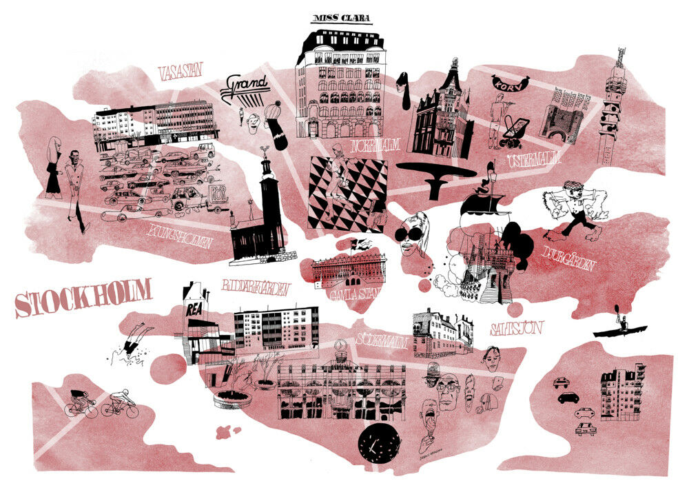 Illustrated city map for Hotel Miss Clara in Stockholm by Dennis Eriksson