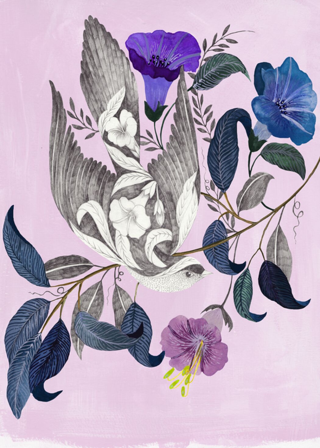 Bird and flowers in a lovely composition by the illustrator Malin Gyllensvaan