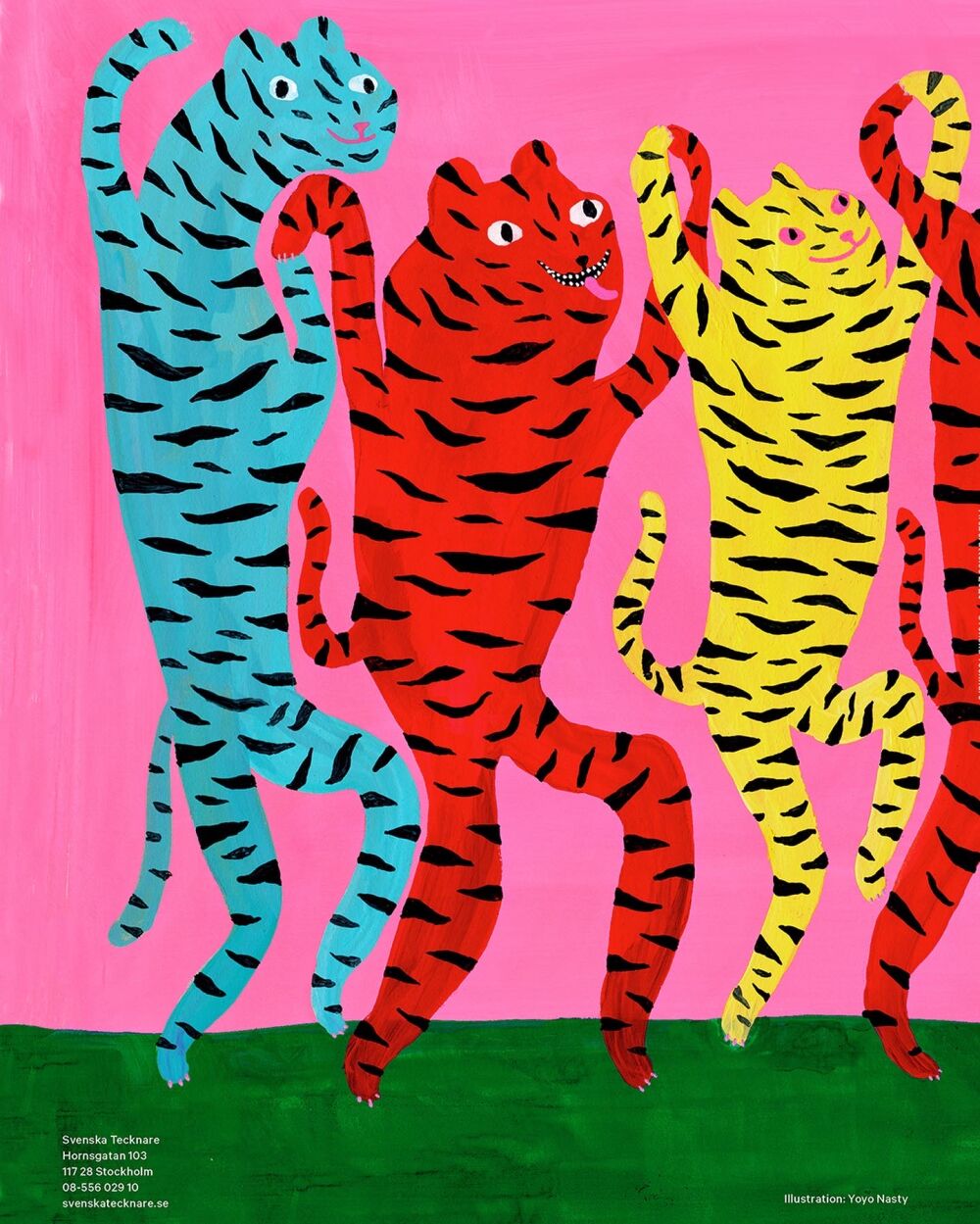 Bold and bright colored tigers illustrated for Svenska Tecknare by Yoyo Nasty