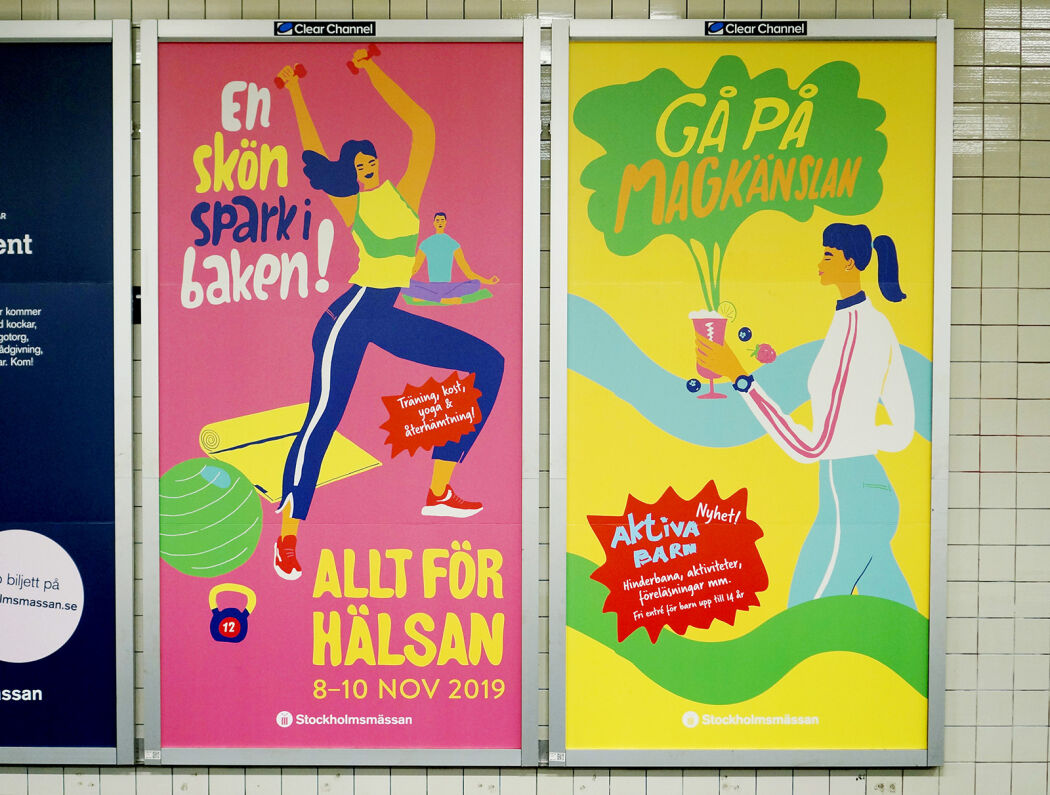 Colorful health illustrations by Erica Jacobson for Stockholmsmässan advertising OOH campaign.