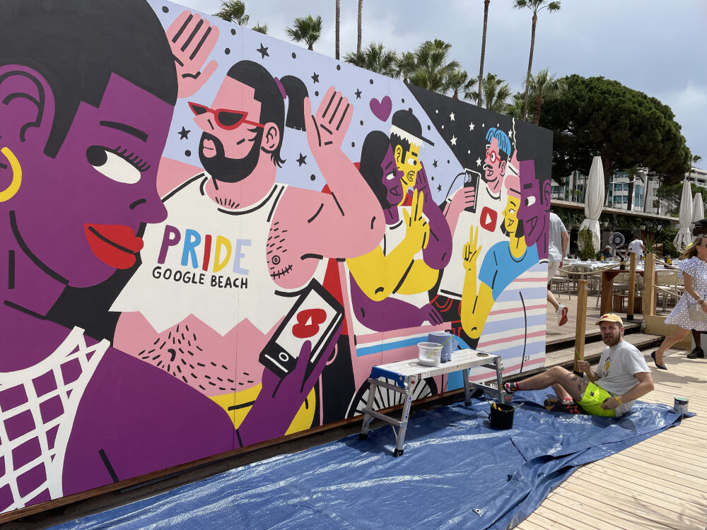 Hand painted muralart by Fredde Lanka for Google Youtube Pride event in Cannes Lions Creative 2023